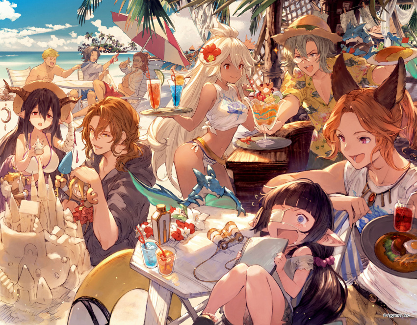 >_<, 3girls, 6+boys, :d, altair_(granblue_fantasy), animal_ears, bare_shoulders, beach, beach_chair, binoculars, black_hair, blonde_hair, blue_eyes, book, brown_eyes, closed_eyes, clouds, collarbone, cup, danua, dark_skin, dragon, earrings, eyepatch, food, glasses, granblue_fantasy, hat, hawaiian_shirt, helnar, highres, hood, hoodie, horns, island, jewelry, lancelot_(granblue_fantasy), lunaru_(granblue_fantasy), minaba_hideo, multiple_boys, multiple_girls, necklace, official_art, open_mouth, orange_hair, palm_tree, parfait, percival_(granblue_fantasy), pointy_ears, ponytail, puppet, red_eyes, redhead, sand_castle, sand_sculpture, shirt, shorts, siegfried_(granblue_fantasy), smile, source_request, straw_hat, sweater, tears, the_order_grande, tree, umbrella, unbuttoned, unbuttoned_shirt, vane_(granblue_fantasy), vee_(granblue_fantasy), violet_eyes, water, white_hair, xd