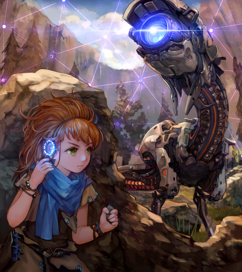 1girl, aloy_(horizon), bracelet, glowing, grass, green_eyes, hairband, hiding