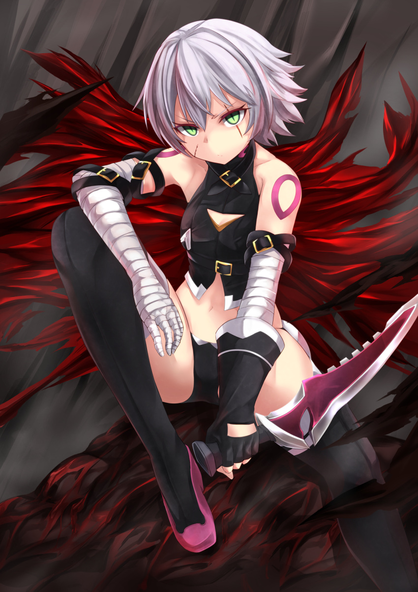 1girl, assassin_of_black, bandage, bandaged_arm, bangs, bare_shoulders, black_gloves, black_legwear