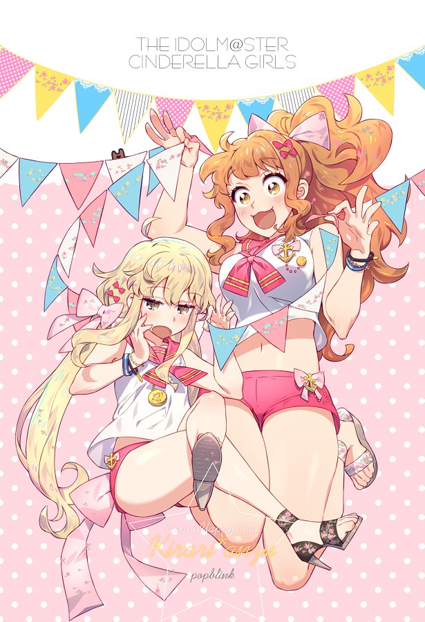 2girls, :3, artist_name, blonde_hair, blush, bow, breasts, brown_hair