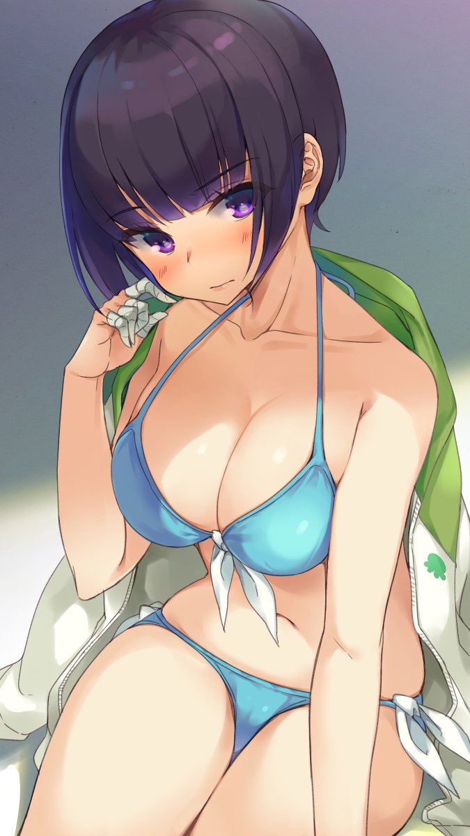 1girl, bandage, bangs, bikini, black_hair, blue_bikini, blunt_bangs, blush, breasts, cleavage, eromanga_sensei, front-tie_top, highres, hym9594, jacket, large_breasts, looking_at_viewer, navel, open_clothes, open_jacket, senju_muramasa, short_hair, side-tie_bikini, simple_background, solo, swimsuit, violet_eyes