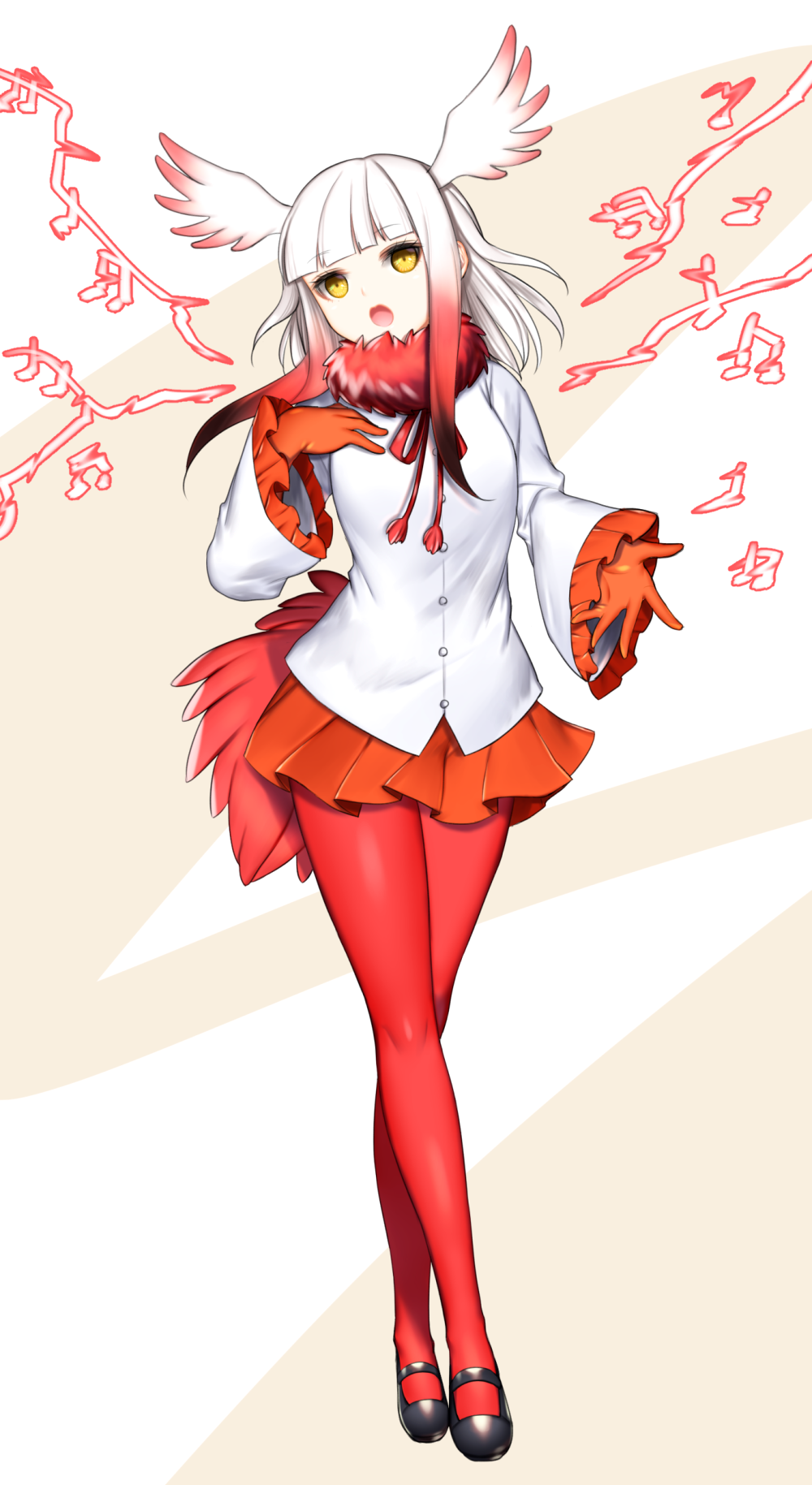 1girl, bird_tail, bird_wings, breasts, eyelashes, full_body, gloves, highres, japanese_crested_ibis_(kemono_friends), jitome, kemono_friends, legs_crossed, long_sleeves, looking_at_viewer, multicolored_hair, music, open_mouth, pale_skin, red_legwear, shichimi, shoes, singing, skirt, solo, wings, yellow_eyes