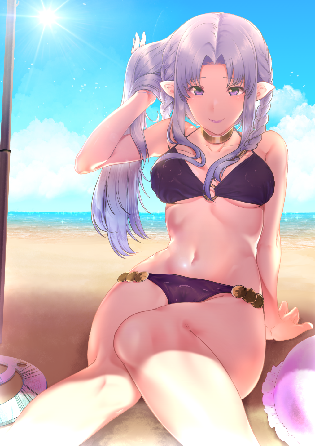 1girl, arm_support, bare_shoulders, beach, beach_umbrella, bikini, braid, breasts