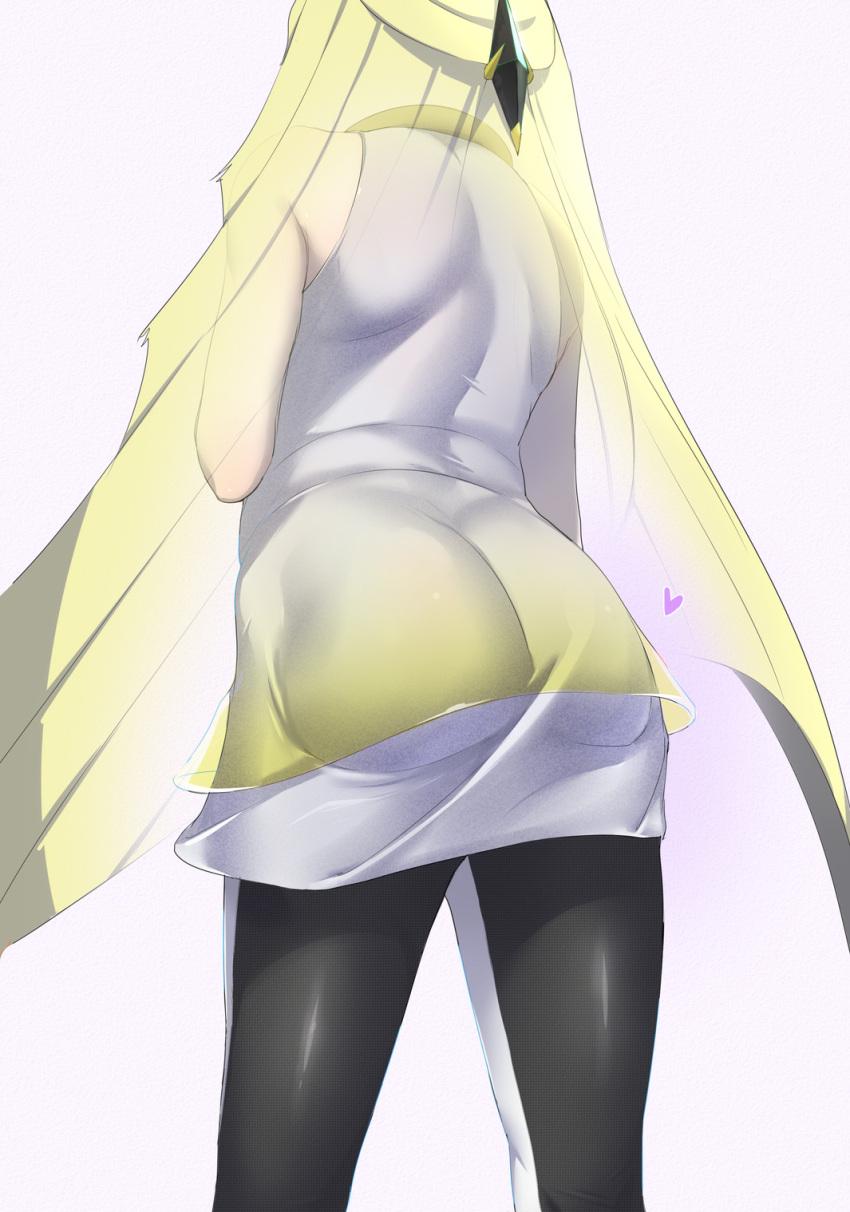 1girl, ass, bare_shoulders, blonde_hair, dress, from_behind, hair_ornament, heart, highres, leggings, long_hair, lusamine_(pokemon), mature, milf, multicolored, multicolored_clothes, multicolored_legwear, pokemon, pokemon_(game), pokemon_sm, shiroinuchikusyo, simple_background, sleeveless, sleeveless_dress, solo, standing, very_long_hair, white_dress, x-ray