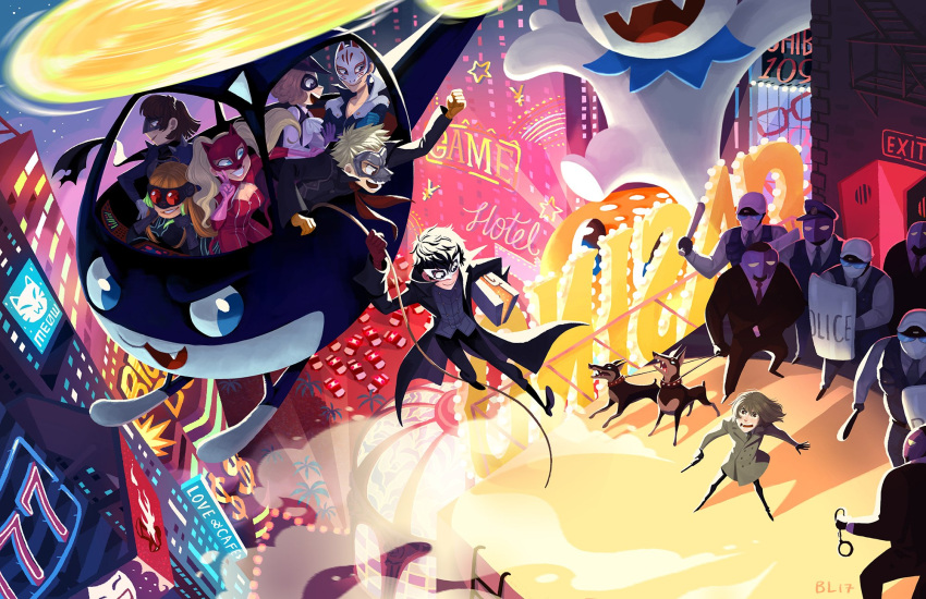 4boys, 4girls, aircraft, akechi_gorou, alternate_form, ascot, breasts, briefcase, city, cleavage, cravat, cuffs, dog, everyone, fangs, goggles, handcuffs, helicopter, highres, jack_frost, jacket, kitagawa_yuusuke, kurusu_akira, mask, morgana_(persona_5), neon_lights, niijima_makoto, okumura_haru, peachymints, persona, persona_5, police, riot_shield, rope, sakamoto_ryuuji, sakura_futaba, smile, spotlight, takamaki_anne