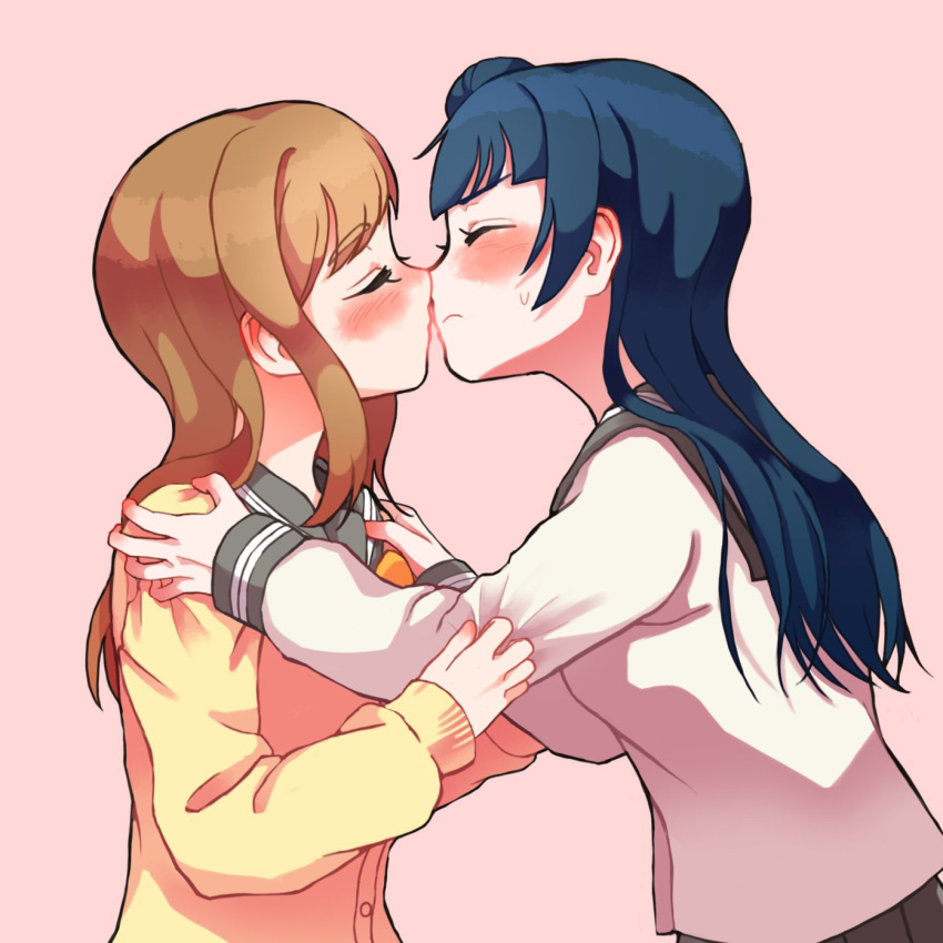 2girls, bangs, blue_hair, blush, brown_hair, cardigan, closed_eyes, commentary_request