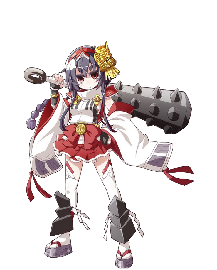 >:|, 1girl, akaneya, black_hair, braid, breasts, club, detached_sleeves, full_body, hand_on_hip, holding, holding_weapon, kanabou, kozukata_(oshiro_project), looking_at_viewer, miniskirt, official_art, oshiro_project, oshiro_project_re, pleated_skirt, red_eyes, sandals, skirt, solo, thick_eyebrows, thigh-highs, transparent_background, weapon