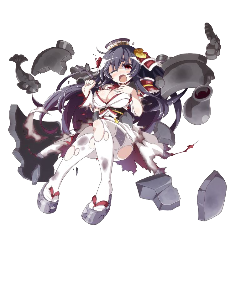 1girl, ;o, akaneya, black_hair, breasts, cleavage, detached_sleeves, hair_ornament