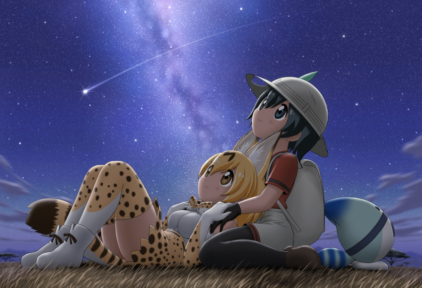 2girls, animal_ears, black_legwear, blonde_hair, breasts, bucket_hat, hat, kaban_(kemono_friends), kemono_friends, multiple_girls, night, night_sky, pantyhose_under_shorts, serval_(kemono_friends), serval_ears, serval_print, serval_tail, shingyouji_tatsuya, sky, smile, star_(sky), starry_sky, tail, thigh-highs, umbrella_thorn