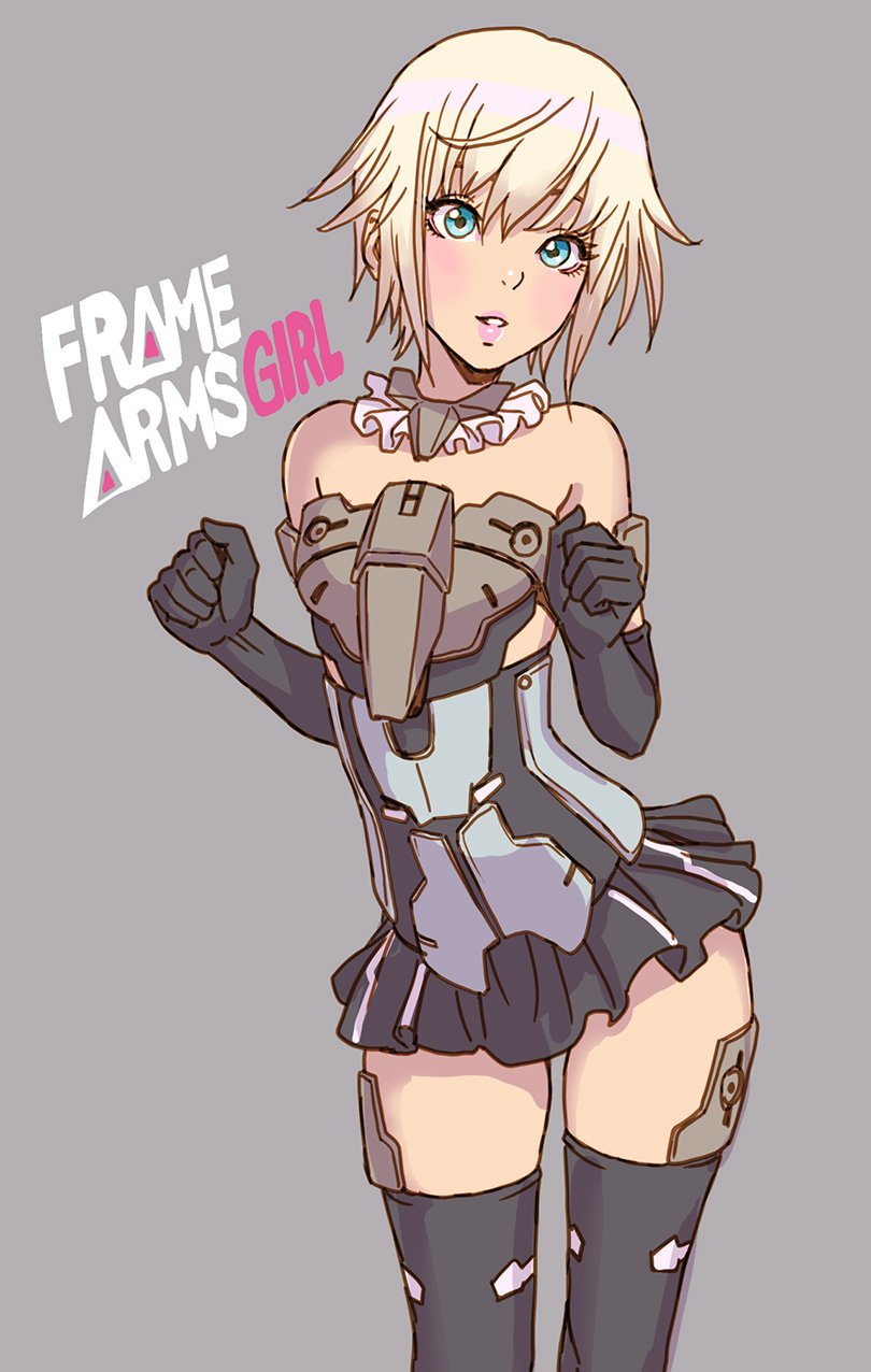 1girl, bare_shoulders, black_gloves, black_legwear, black_skirt, blonde_hair, blue_eyes, blush