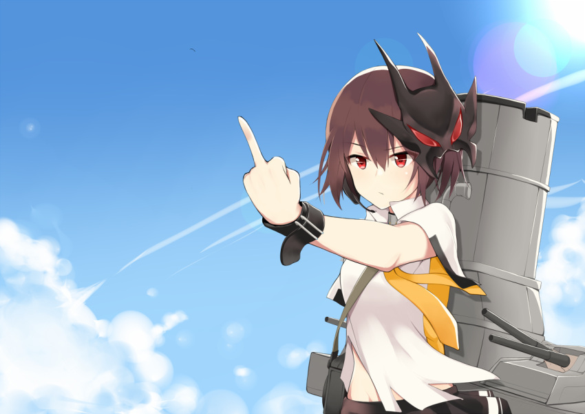 1girl, ayanami_(zhan_jian_shao_nyu), bag, bangs, blue_sky, brown_hair, cannon, closed_mouth