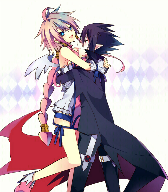 1boy, 1girl, ahoge, bare_shoulders, black_hair, blue_eyes, braid, cape