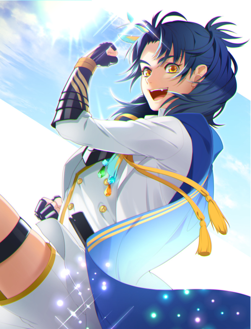 1boy, :d, blue_hair, blue_sky, cape, clenched_hand, dutch_angle, fang