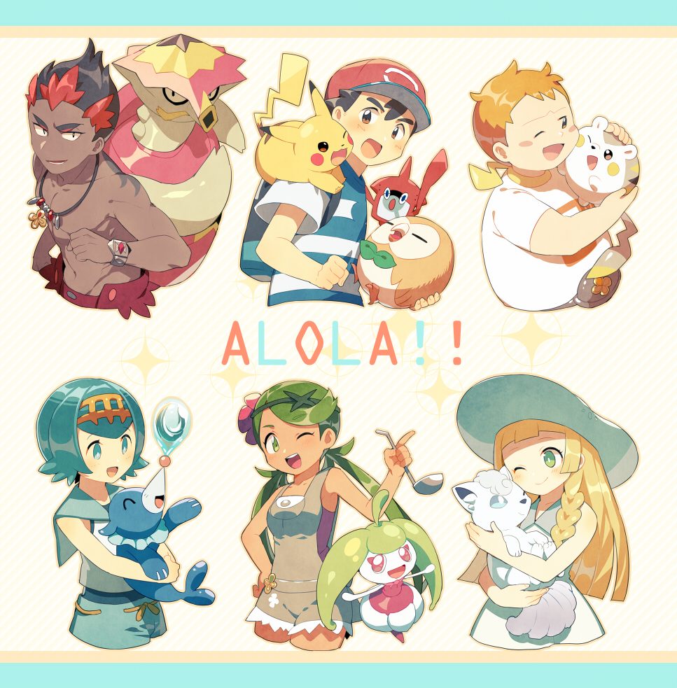 3boys, 3girls, alola_form, alolan_vulpix, backpack, bag, baseball_cap, black_hair