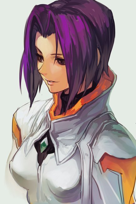 1girl, bodysuit, breasts, brown_eyes, hankuri, lips, looking_to_the_side, miang_hawwa, purple_hair, short_hair, smile, solo, white_background, xenogears