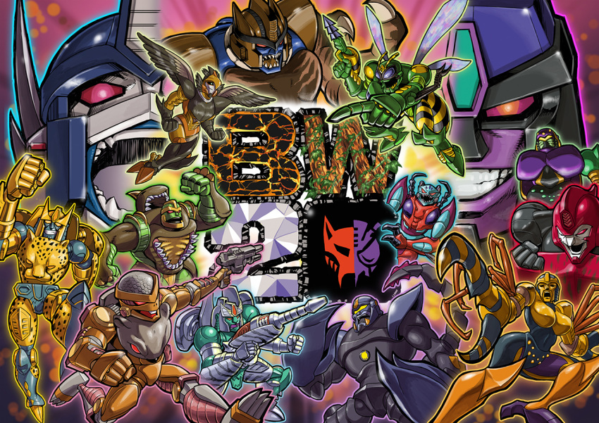 2girls, 6+boys, 90s, airazor, artist_request, beast_wars, black_eyes, blackarachnia