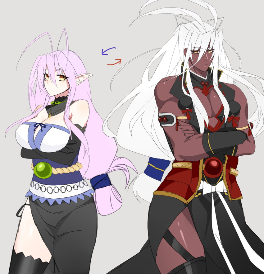1boy, 1girl, antenna_hair, bare_shoulders, black_legwear, breasts, cleavage, cowboy_shot, creator_connection, crossed_arms, dark_skin, dark_skinned_male, elf, grey_background, height_difference, highres, kurosuke_(9rosuke), large_breasts, lavender_hair, long_hair, nitroplus, palette_swap, pectorals, pointy_ears, sansei_muramasa, sengo_muramasa_(touken_ranbu), simple_background, soukou_akki_muramasa, tabi, thigh-highs, touken_ranbu, white_hair, yellow_eyes