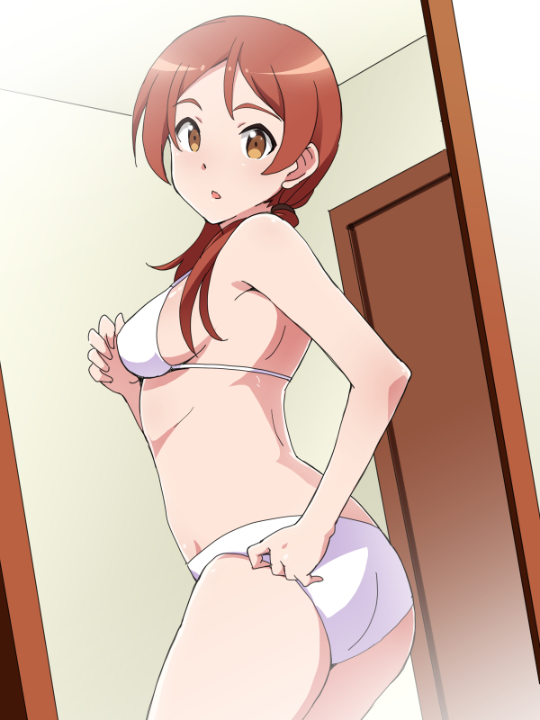 1girl, :o, adjusting_clothes, adjusting_swimsuit, ass, bikini, brown_eyes, demi-chan_wa_kataritai, low_twintails, mirror, poncho_s, redhead, reflection, solo, swimsuit, takanashi_himari, twintails, white_bikini