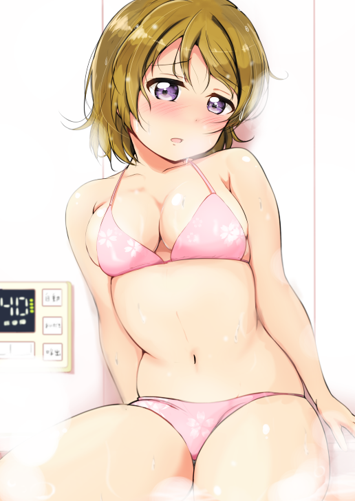 1girl, ankoiri, bikini, blush, breasts, brown_hair, cleavage, cowboy_shot
