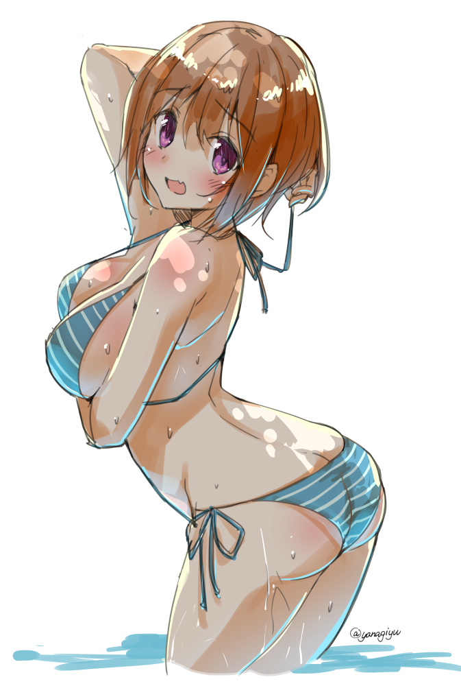 1girl, arched_back, ass, bikini, blue_bikini, blush, breast_hold, breasts