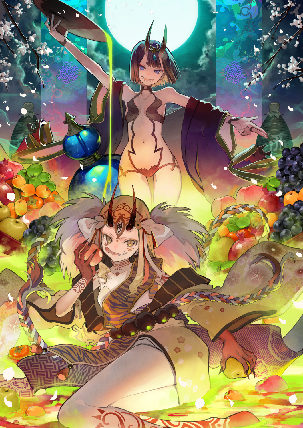 2girls, alcohol, apple, apricot_(fruit), bangs, blonde_hair, blue_eyes, blunt_bangs, bob_cut, cup, facial_mark, fang, fate/grand_order, fate_(series), food, fruit, grapes, highres, ibaraki_douji_(fate/grand_order), japanese_clothes, kimono, long_hair, looking_at_viewer, multiple_girls, navel, nozaki_tsubata, oni, oni_horns, petals, purple_hair, sakazuki, sake, short_hair, shuten_douji_(fate/grand_order), tattoo, tongue, tongue_out, yellow_eyes