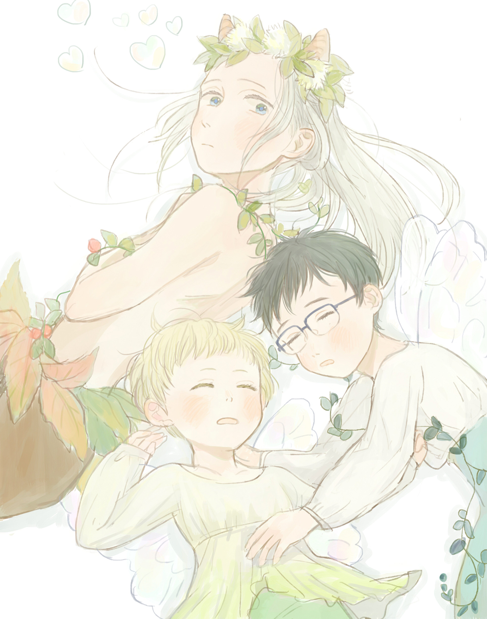 3boys, black_hair, blonde_hair, blue-framed_eyewear, blue_eyes, child, closed_eyes, fairy_wings, glasses, heart, highres, horns, katsuki_yuuri, leaf, lying, male_focus, multiple_boys, nita_(msre27), on_back, on_side, ponytail, silver_hair, sleeping, teenage, viktor_nikiforov, wings, younger, yuri!!!_on_ice, yuri_plisetsky
