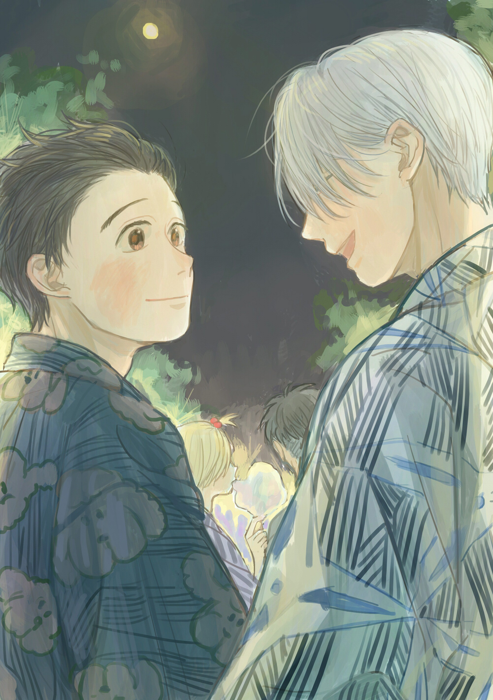 4boys, black_hair, blonde_hair, brown_eyes, closed_eyes, cotton_candy, eating, full_moon