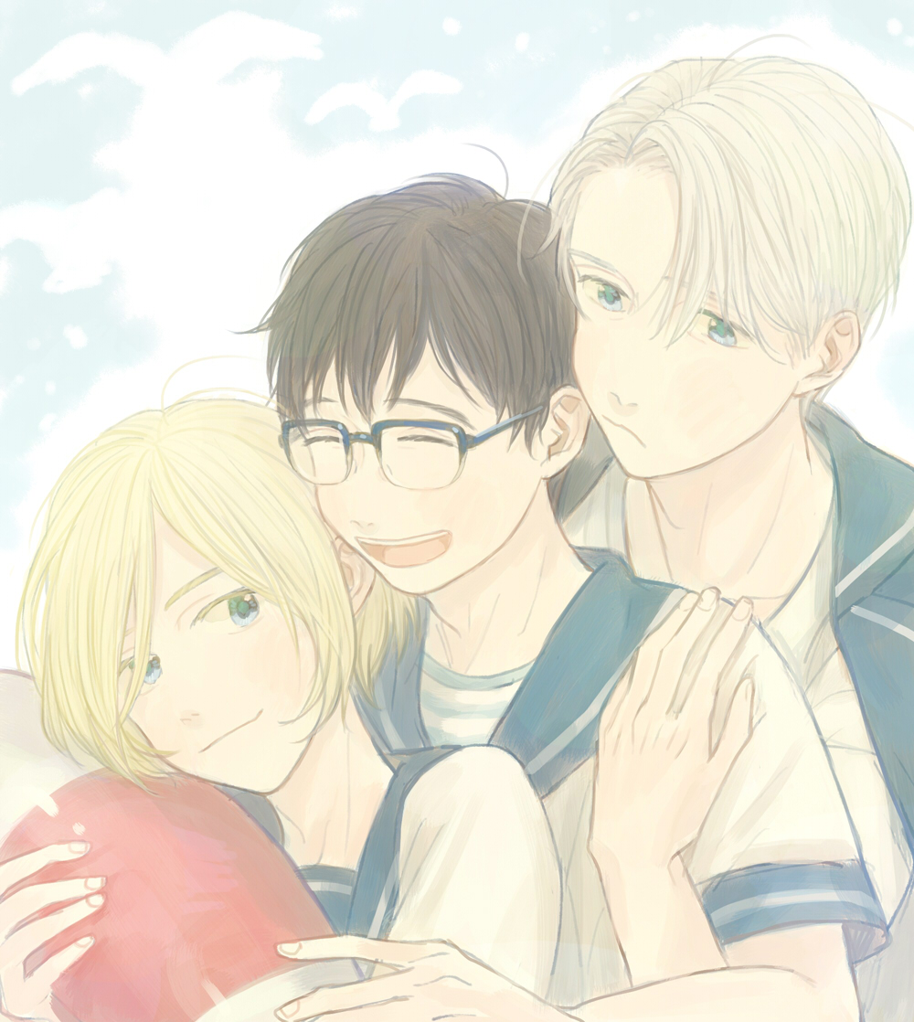 3boys, ^_^, black_hair, blonde_hair, blue-framed_eyewear, blue_eyes, boy_sandwich, closed_eyes