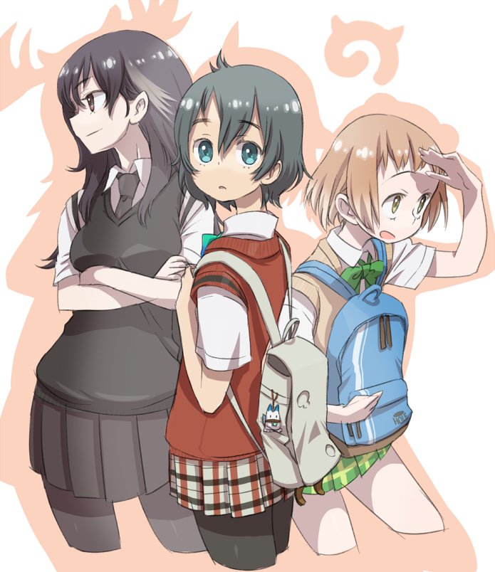 3girls, bag, black-tailed_prairie_dog_(kemono_friends), black_hair, black_legwear, black_necktie, black_skirt, blue_eyes