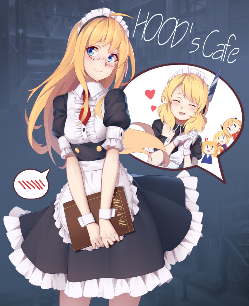 5girls, absurdres, ahoge, alternate_costume, apron, arnold-s, black_dress, blonde_hair