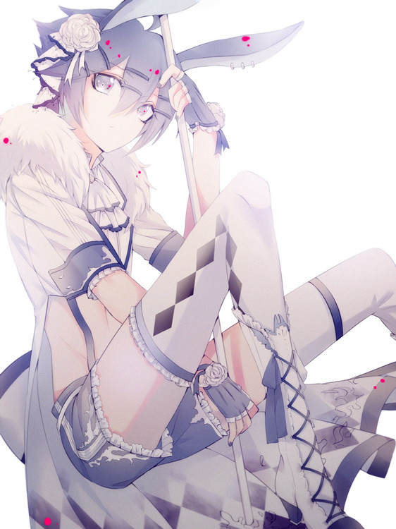 1boy, animal_ears, bananaxcs7, blue_eyes, blue_hair, coat, fingerless_gloves, flower