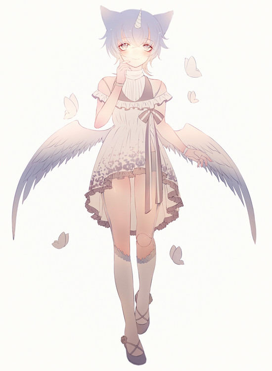 1boy, animal_ears, asymmetrical_clothes, bananaxcs7, bare_shoulders, blue_hair, bracelet, butterfly
