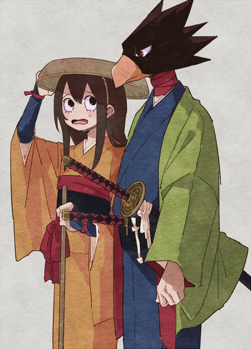 1boy, 1girl, alternate_costume, animal_head, asui_tsuyu, bird, black_eyes, black_hair