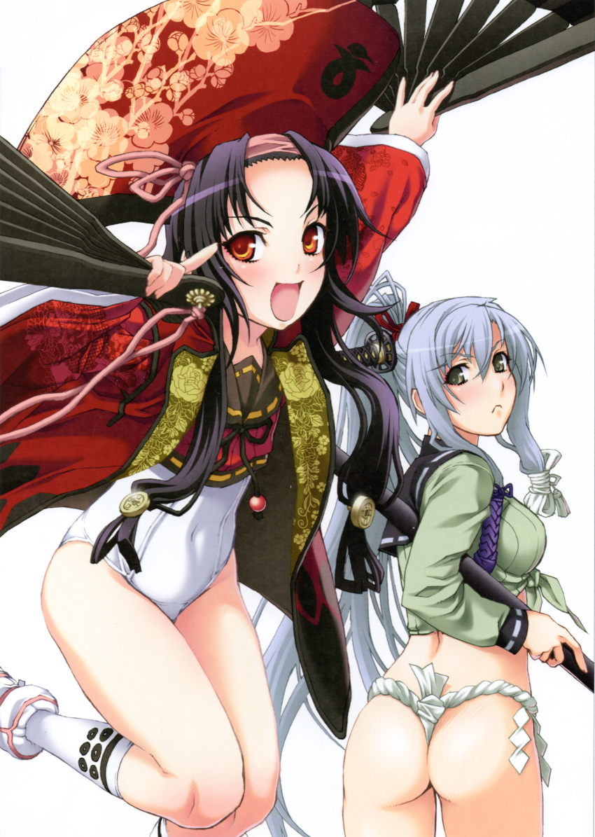 2girls, absurdres, ass, bangs, black_hair, breasts, detached_sleeves, eyebrows_visible_through_hair, fan, fundoshi, gotou_matabei, hat, highres, holding, holding_fan, hyakka_ryouran_samurai_girls, japanese_clothes, long_hair, long_sleeves, looking_at_viewer, looking_back, medium_breasts, multiple_girls, nishii_(nitroplus), one-piece_swimsuit, open_mouth, ponytail, red_eyes, sanada_yukimura_(hyakka_ryouran), scan, school_swimsuit, simple_background, small_breasts, swimsuit, swimsuit_under_clothes, white_background, white_school_swimsuit, white_swimsuit, wide_sleeves