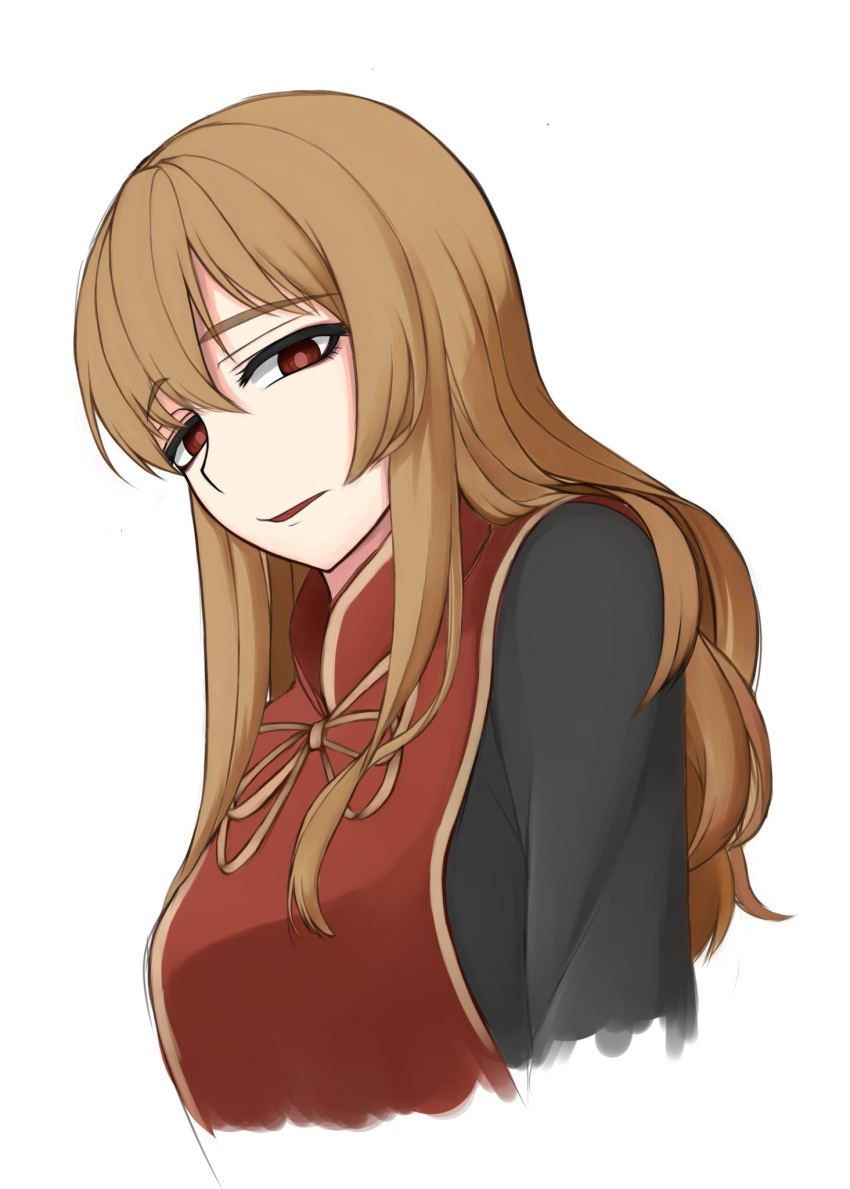 1girl, alternate_hair_color, bangs, black_dress, breasts, brown_hair, chinese_clothes, dress