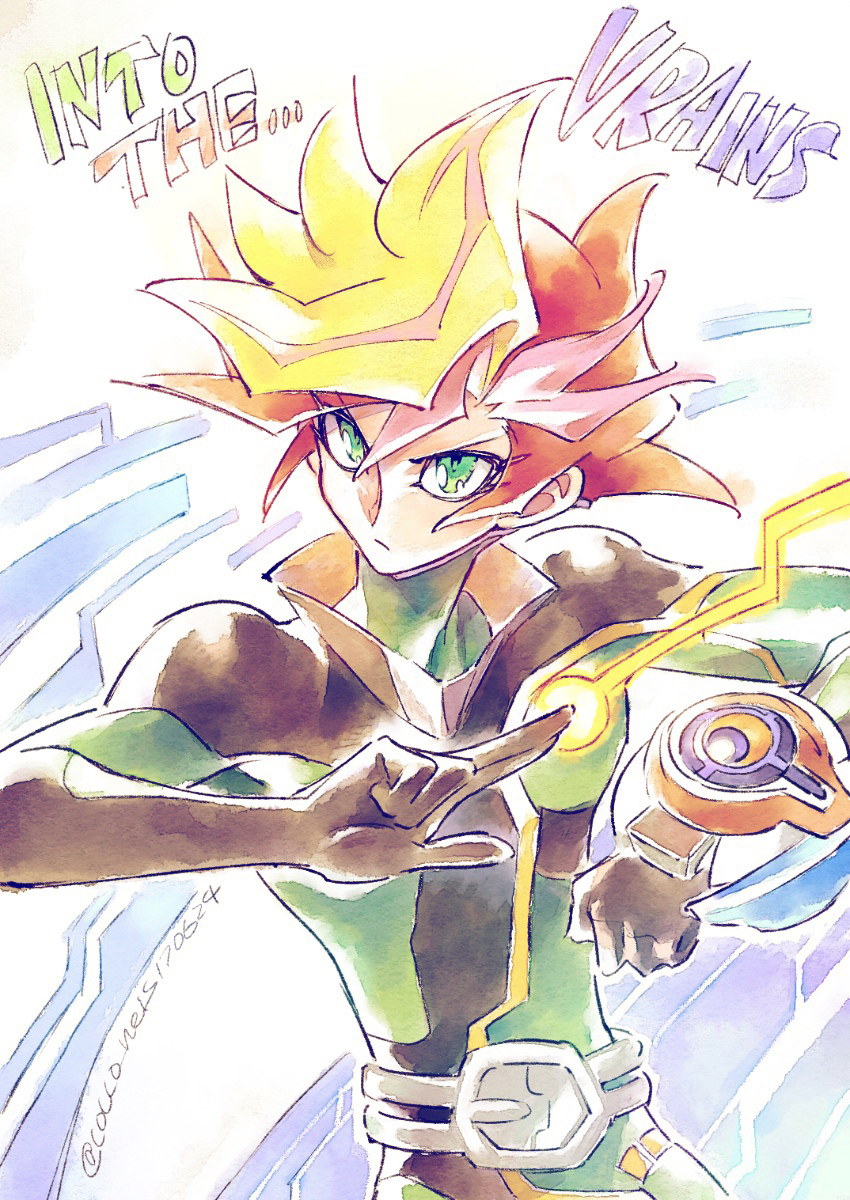1boy, blonde_hair, bodysuit, cocconeis, dated, duel_disk, english, fujiki_yuusaku