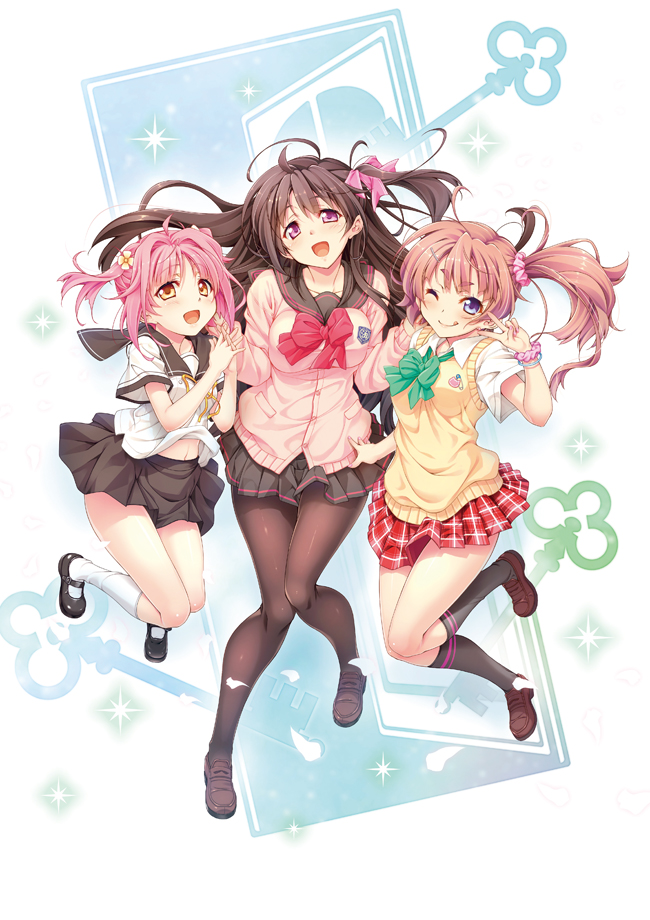 3girls, black_legwear, blue_eyes, blush, bow, bracelet, brown_hair, cardigan_vest, floating_hair, flower, fukamachi_sachi, hair_flower, hair_intakes, hair_ornament, hair_scrunchie, hands_together, interlocked_fingers, jewelry, kneehighs, koinosu_ichacolize, kouzuki_natsume, loafers, long_hair, long_sleeves, looking_at_viewer, mary_janes, multiple_girls, official_art, one_eye_closed, open_mouth, pantyhose, pink_eyes, pink_hair, plaid, plaid_skirt, pleated_skirt, school_uniform, scrunchie, serafuku, shoes, short_sleeves, side_ponytail, skirt, smile, takeya_masami, twintails, v, white_legwear, wind, wind_lift, yellow_eyes, yoshino_ichika