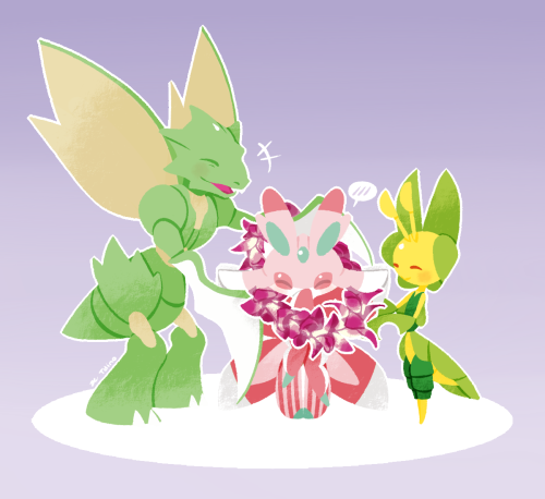 antennae, blush, closed_eyes, dino_(tdino), holding, leavanny, lei, lowres