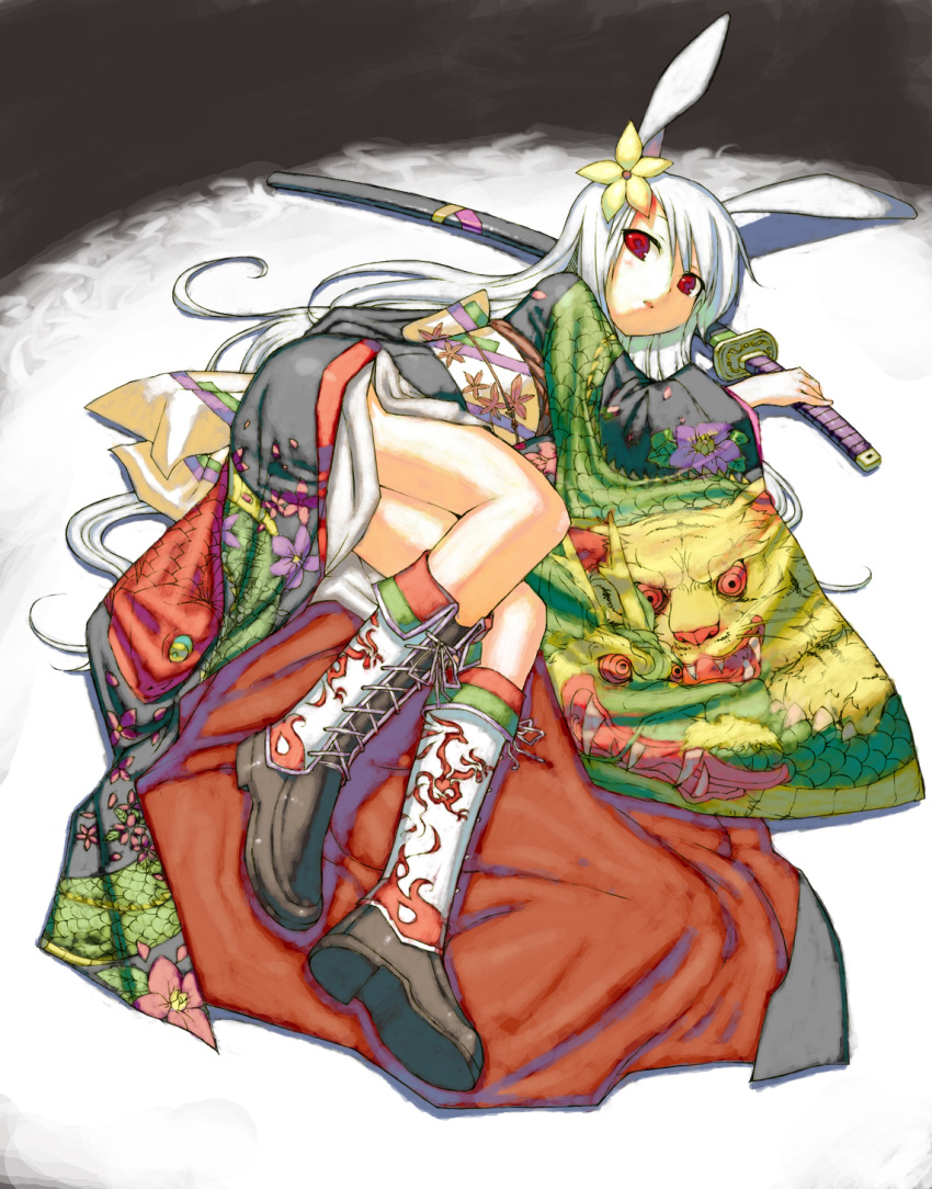 albino, animal_ears, boots, bunny_ears, chomoran, flower, hair_flower, hair_ornament
