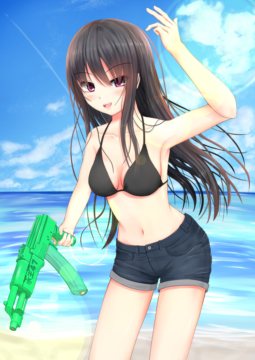 1girl, absurdres, ak-47, arm, assault_rifle, bikini_top, black_hair, blue_sky, blush, breasts, cleavage, clouds, condensation_trail, eyebrows_visible_through_hair, gun, hair_over_eyes, highres, kurokami_(kurokaminohito), long_hair, medium_breasts, navel, original, raised, raised_eyebrows, rifle, sand, shoreline, short_shorts, shorts, sky, smile, solo, swimsuit, thighs, violet_eyes, water, water_gun, weapon