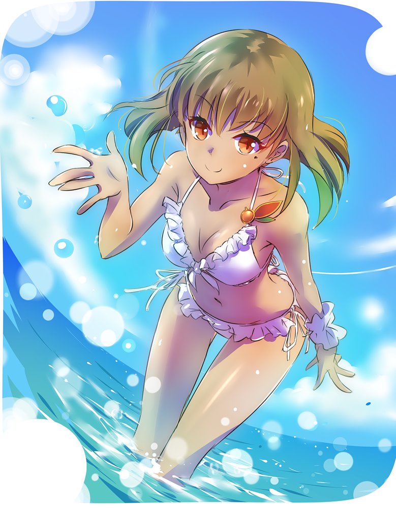1girl, amber_(rwby), bent_over, bikini, blue_skirt, breasts, brown_hair, cleavage, collarbone, dark_skin, day, dutch_angle, eyebrows_visible_through_hair, fisheye, frill_trim, frilled_bikini, frills, halterneck, iesupa, medium_breasts, medium_hair, mole, mole_under_eye, navel, orange_eyes, outdoors, outstretched_hand, rwby, side-tie_bikini, skirt, smile, solo, swimsuit, wading, white_bikini, wrist_cuffs