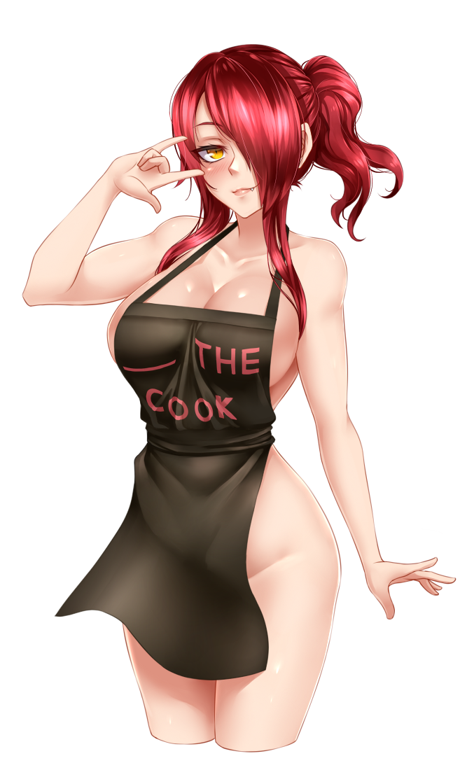 1girl, \m/, apron, black_apron, blush, breasts, cleavage, closed_mouth