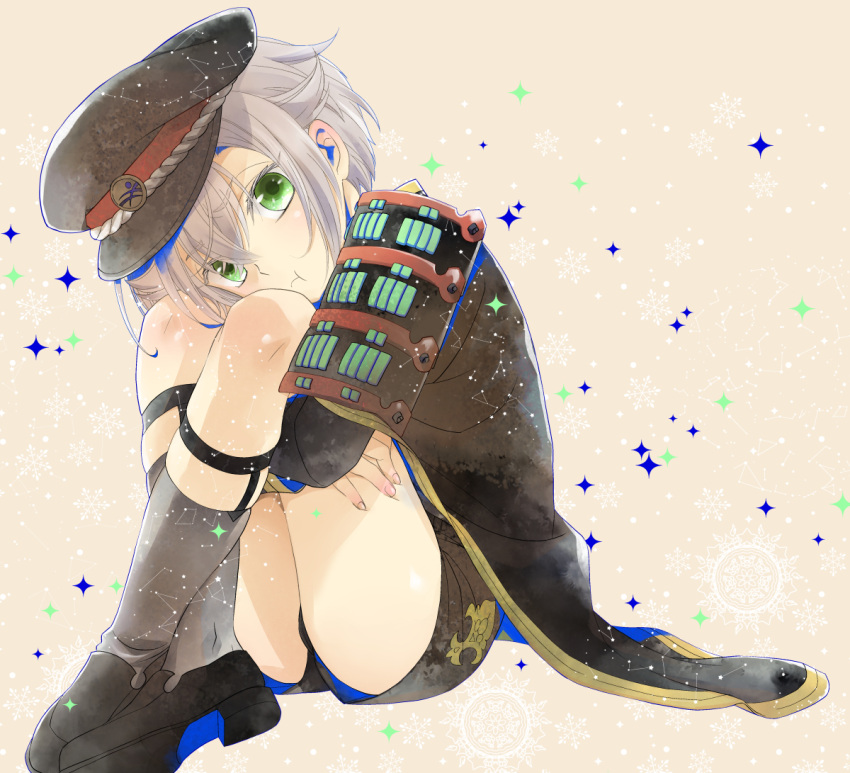 1boy, :t, armor, cape, garters, green_eyes, grey_legwear, hat