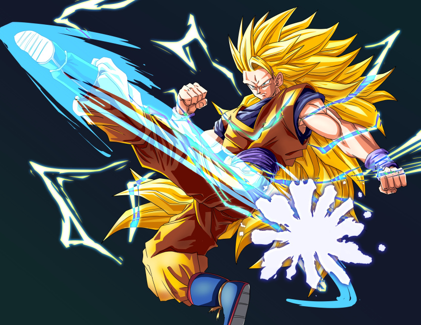 1boy, blonde_hair, boots, dark_background, dougi, dragon_ball, dragonball_z, energy