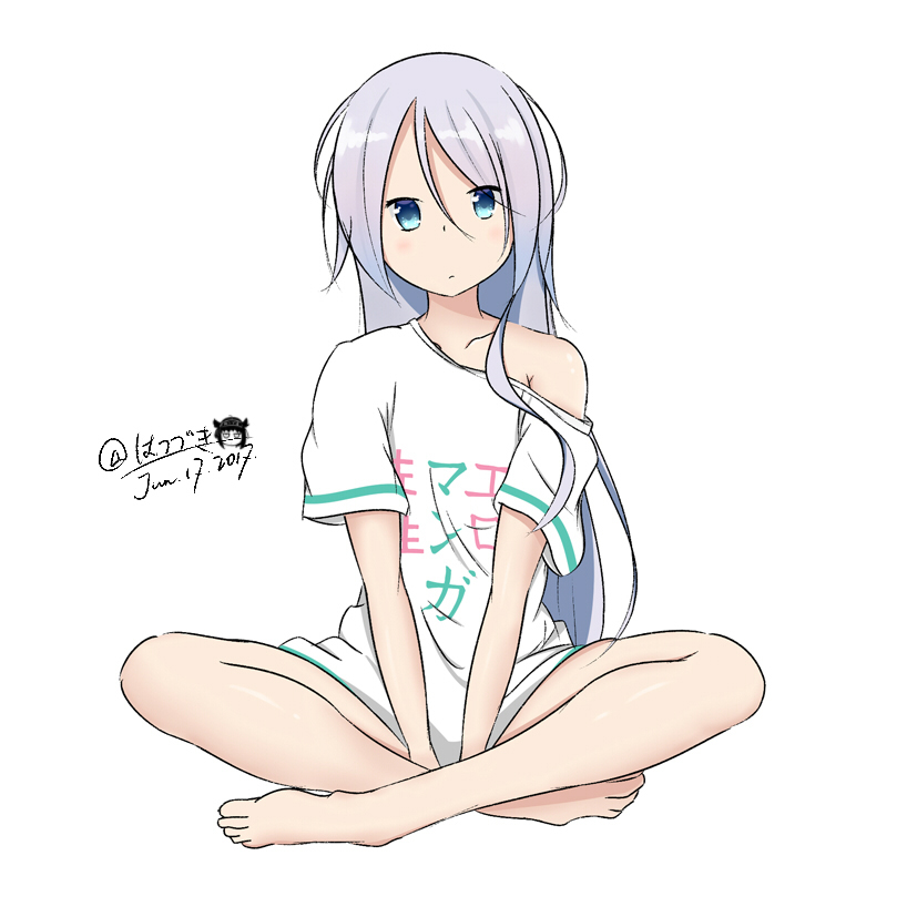 1girl, adrenaline!!!, artist_name, barefoot, between_legs, blue_eyes, blush, closed_mouth, clothes_writing, copyright_name, cosplay, dated, eromanga_sensei, hair_between_eyes, hand_between_legs, hatsuzuki_527, indian_style, izumi_sagiri, izumi_sagiri_(cosplay), kantai_collection, long_hair, looking_at_viewer, off_shoulder, shirt, short_sleeves, signature, silver_hair, simple_background, sitting, solo, umikaze_(kantai_collection), white_background, white_shirt