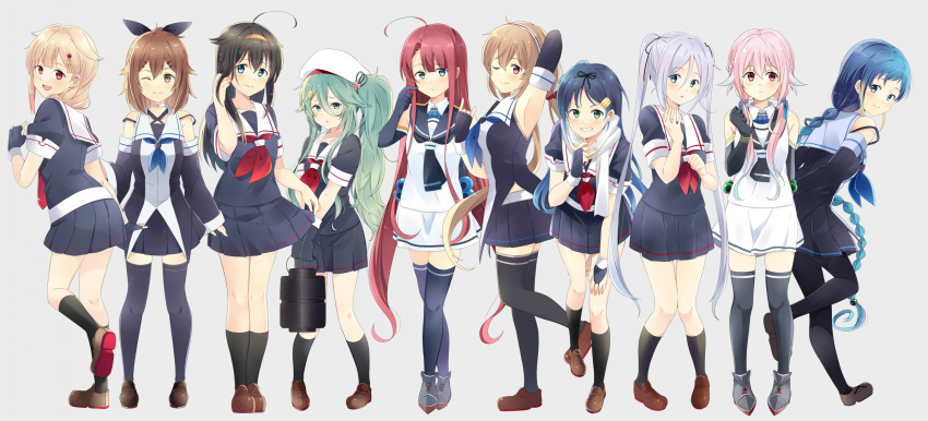 6+girls, :/, :d, ;), \m/, adjusting_scarf, ahoge, alternate_hairstyle, arm_behind_back, arm_behind_head, arm_up, armpits, arms_behind_back, bare_shoulders, belt, beret, black_gloves, black_hair, black_legwear, black_ribbon, black_serafuku, black_skirt, blonde_hair, blue_eyes, blue_hair, braid, brown_eyes, brown_hair, brown_shoes, choker, cosplay, costume_switch, detached_sleeves, elbow_gloves, finger_to_face, fingerless_gloves, full_body, gloves, green_eyes, green_hair, grey_background, grin, hair_between_eyes, hair_down, hair_flaps, hair_ornament, hair_over_shoulder, hair_ribbon, hairband, hairclip, hand_in_hair, hand_on_own_thigh, hands_together, harusame_(kantai_collection), harusame_(kantai_collection)_(cosplay), hat, hat_ribbon, highres, holding, kantai_collection, kawakaze_(kantai_collection), kawakaze_(kantai_collection)_(cosplay), kneehighs, knees_together_feet_apart, leaning_forward, legs_crossed, loafers, long_hair, looking_at_viewer, looking_back, looking_to_the_side, low_twintails, multicolored_hair, multiple_girls, murasame_(kantai_collection), murasame_(kantai_collection)_(cosplay), neckerchief, necktie, off_shoulder, one_eye_closed, one_leg_raised, open_mouth, own_hands_together, pantyhose, parted_lips, pink_eyes, pink_hair, pleated_skirt, red_eyes, redhead, remodel_(kantai_collection), ribbon, sailor_collar, samidare_(kantai_collection), samidare_(kantai_collection)_(cosplay), scarf, school_uniform, serafuku, shigure_(kantai_collection), shigure_(kantai_collection)_(cosplay), shiratsuyu_(kantai_collection), shiratsuyu_(kantai_collection)_(cosplay), shirt, shoes, short_hair, short_ponytail, short_sleeves, side_ponytail, sidelocks, silver_hair, simple_background, single_braid, skirt, skirt_hold, sleeveless, sleeveless_shirt, smile, standing, suzukaze_(kantai_collection), suzukaze_(kantai_collection)_(cosplay), thigh-highs, twintails, umikaze_(kantai_collection), umikaze_(kantai_collection)_(cosplay), v_arms, very_long_hair, wide_sleeves, yamakaze_(kantai_collection), yamakaze_(kantai_collection)_(cosplay), yukichi_(eikichi), yuudachi_(kantai_collection), yuudachi_(kantai_collection)_(cosplay), zettai_ryouiki