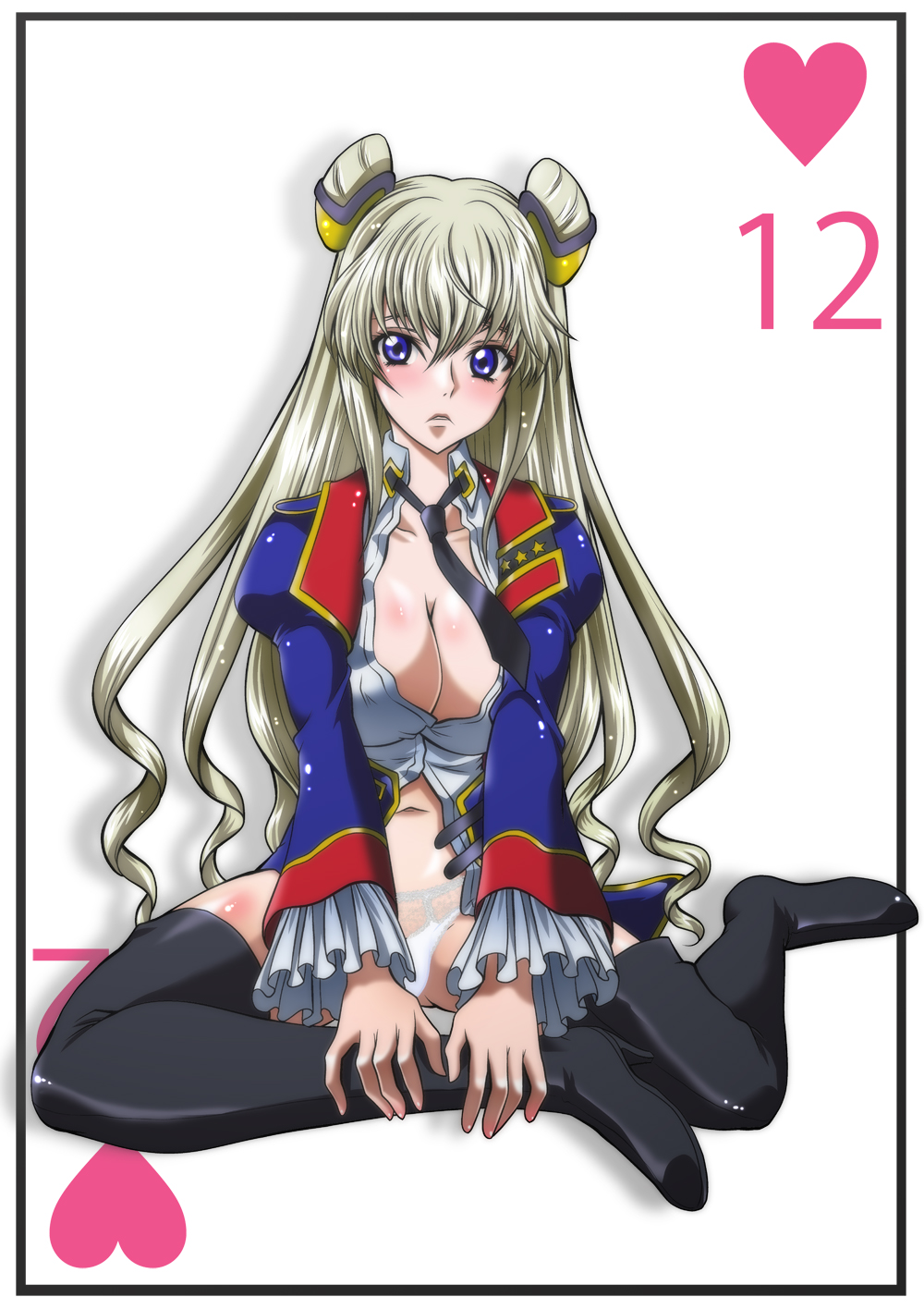 1girl, black_legwear, blonde_hair, blue_eyes, blush, breasts, cleavage, code_geass