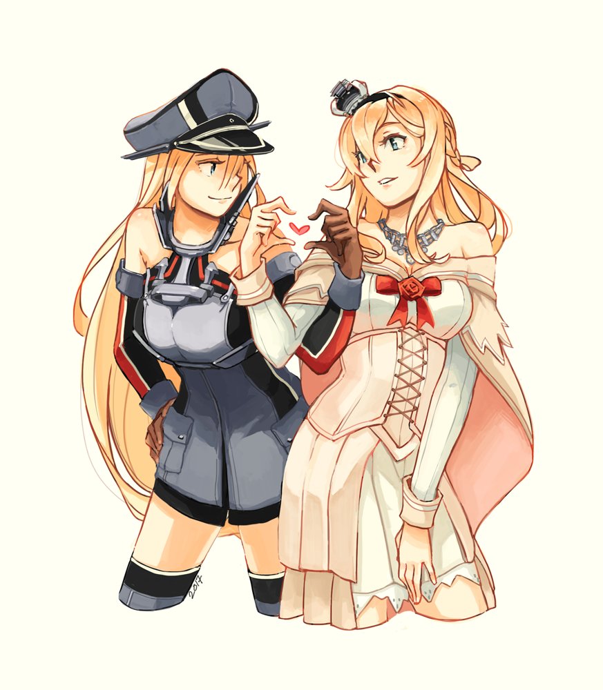 2girls, anchor_hair_ornament, bare_shoulders, bismarck_(kantai_collection), blonde_hair, blue_eyes, braid, corset