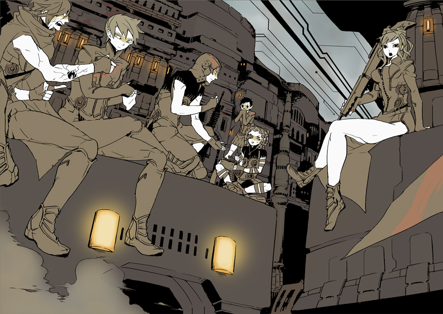 1boy, 1girl, cielo, digital_devil_saga, gale, gun, heat, jm_(pixiv_283358)