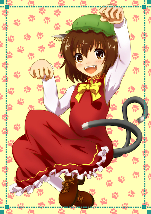 animal_ears, brown_eyes, brown_hair, cat_ears, cat_tail, chen, dress, hat